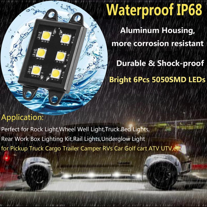 NBWDY LED Truck Bed Light Kit-48 White LEDs Pickup Bed Lighting Kit,Rear Work Box Lighting Kit,Rail Lights,Side Marker Rock Light for Truck Pickup Cargo Trailer RVs Under Car w/Switch-8Pcs - Image 3